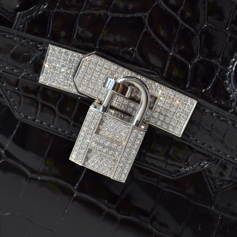 Women's or Men's 35cm Hermès Shiny Black Porosus Crocodile Birkin Handbag with Diamonds