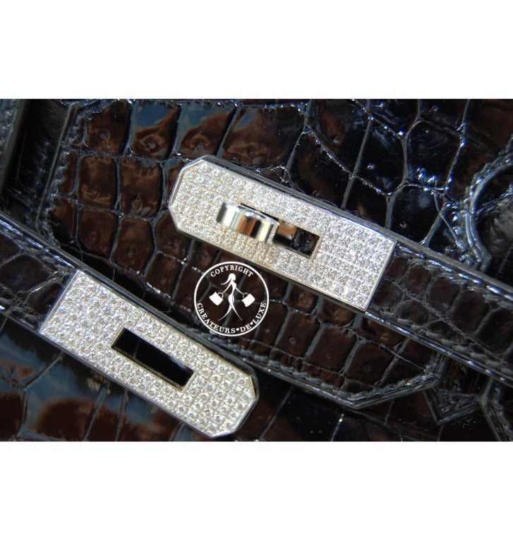 35cm Hermès Shiny Black Porosus Crocodile Birkin Handbag with Diamonds 1