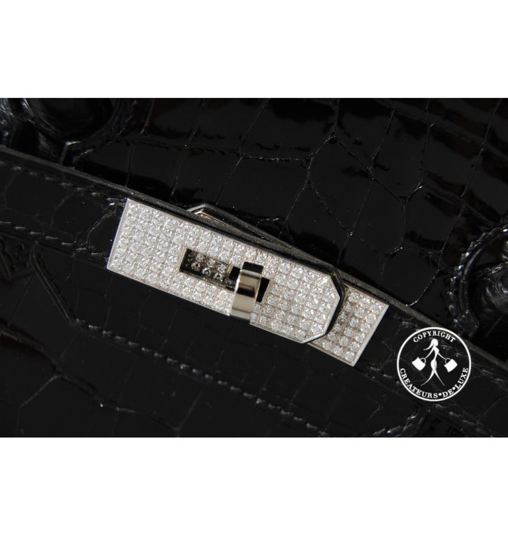 35cm Hermès Shiny Black Porosus Crocodile Birkin Handbag with Diamonds 2