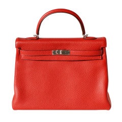 35cm Hermes Rouge Casaque Taurillon Clemence Leather Kelly Handbag