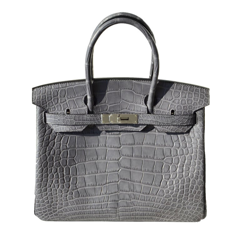 35cm Hermès Matte Paris Grey Alligator Birkin Handbag