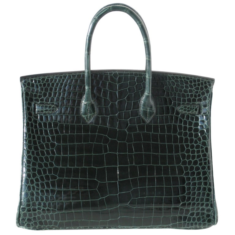 35cm Hermes Shiny Vert Fonce Porosus Crocodile Birkin Handbag