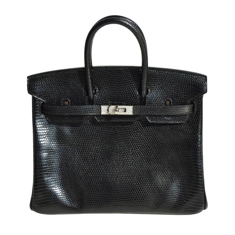 25cm Hermès Shiny Black Lizard Birkin Handbag | White Gold Hardware + Diamonds For Sale