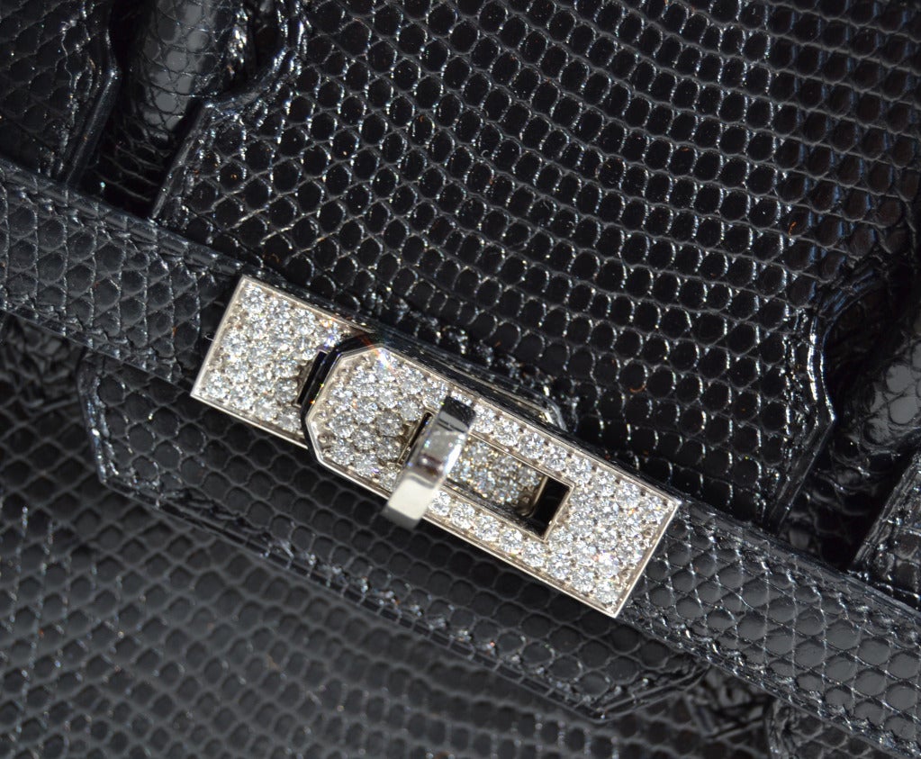 25cm Hermès Shiny Black Lizard Birkin Handbag | White Gold Hardware + Diamonds In Excellent Condition For Sale In Chicago, IL