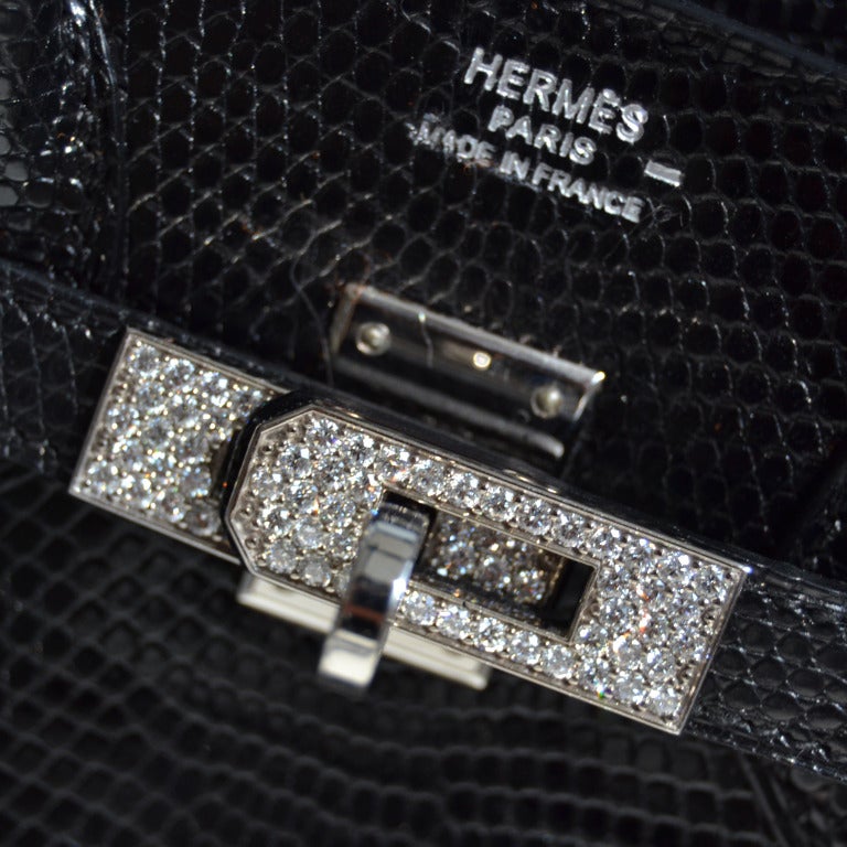 Women's or Men's 25cm Hermès Shiny Black Lizard Birkin Handbag | White Gold Hardware + Diamonds For Sale