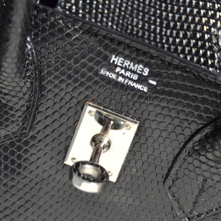 25cm Hermès Shiny Black Lizard Birkin Handbag | White Gold Hardware + Diamonds For Sale 1