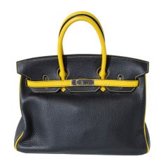 35cm Hermes Black and Yellow Taurillon Clemence Leather Birkin Handbag