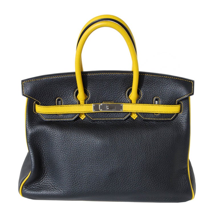 35cm Hermes Black and Yellow Taurillon Clemence Leather Birkin Handbag For Sale