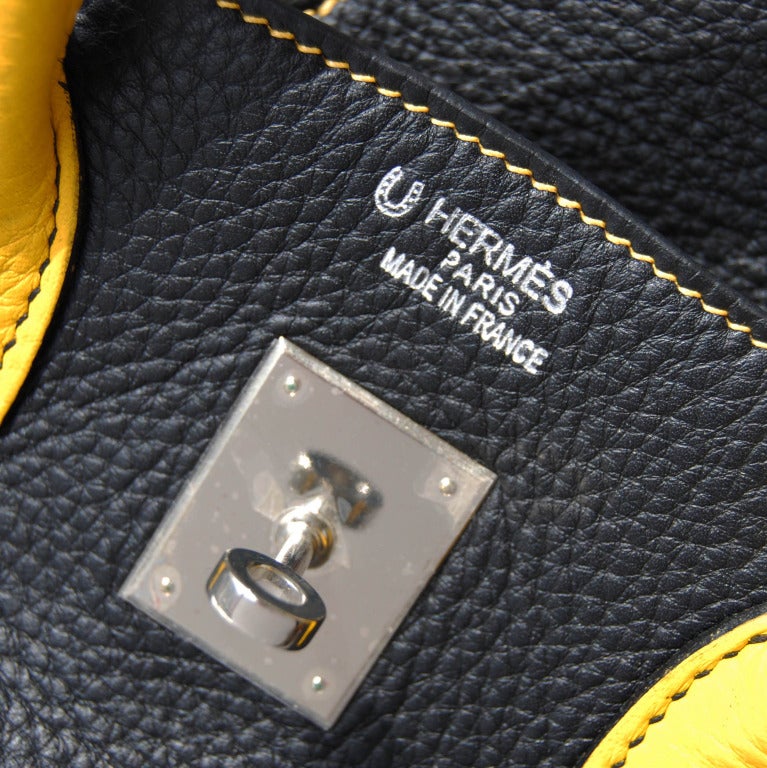 Women's or Men's 35cm Hermes Black and Yellow Taurillon Clemence Leather Birkin Handbag For Sale