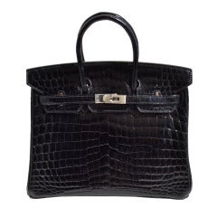 25cm Hermès Shiny Black Niloticus Crocodile Birkin Handbag
