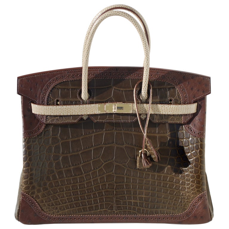 Createurs de Luxe is thrilled to offer this BRAND NEW ABSOLUTELY GORGEOUS Hermès Birkin Handbag!!

35cm Hermes Gris Elephant Alligator, Marron Fonce Ostrich and Ficelle Lizard Grand Marriage Ghillies Birkin Handbag | Permabrass Hardware | Q