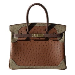 30cm Hermes Tri-color Etrusque, Mousse, Marron Fonce Ghillies Ostrich Birkin Handbag