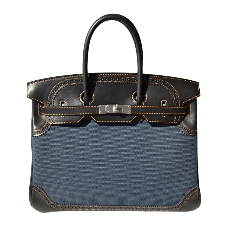 35cm Hermès Denim Toile and Black Swift Leather Ghillies Birkin