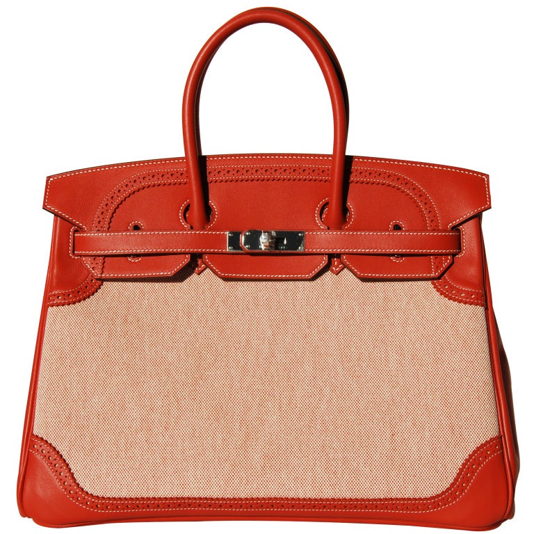 Beautiful

Brand New

35cm Hermes Sanguine Swift Leather and Toile H Ghillies Birkin Handbag | White Stitching | Palladium Hardware | Q Stamp

The bag measures 35cm / 14