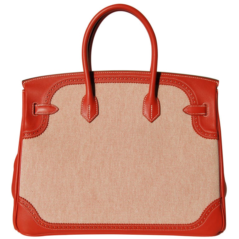 35cm Hermes Sanguine Swift Leather & Toile H Ghillies Birkin Handbag - Palladium In New Condition For Sale In Chicago, IL