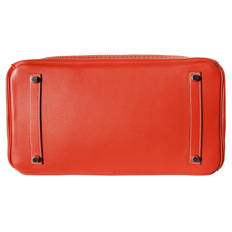 Women's or Men's 35cm Hermes Sanguine Swift Leather & Toile H Ghillies Birkin Handbag - Palladium For Sale