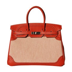 35cm Hermes Sanguine Swift Leather & Toile H Ghillies Birkin Handbag - Palladium