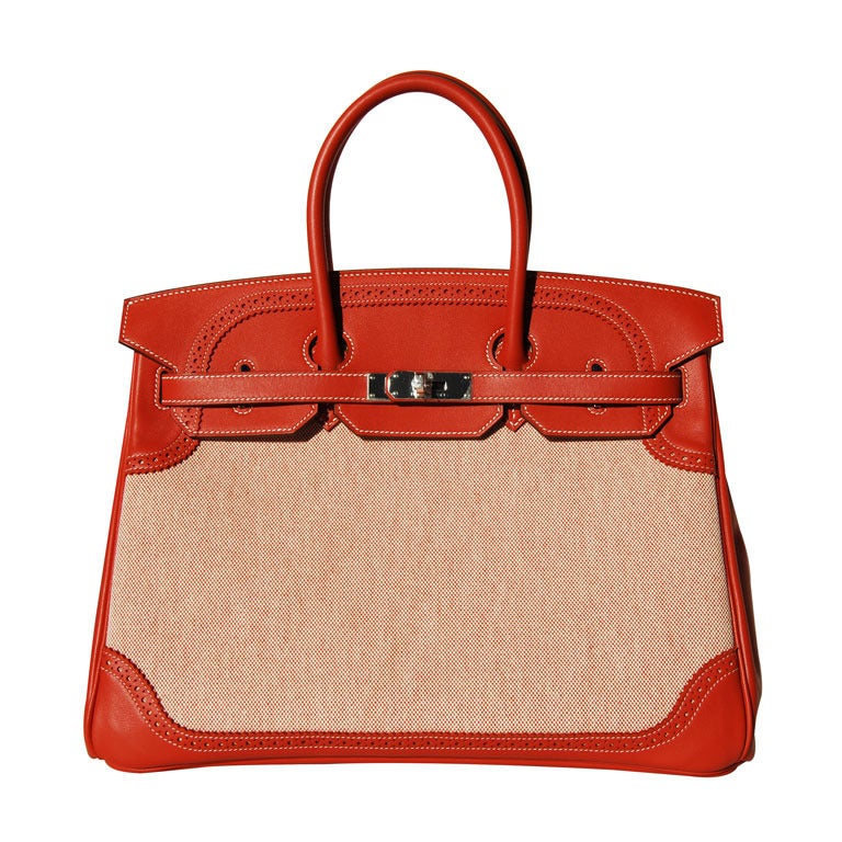 35cm Hermes Sanguine Swift Leather & Toile H Ghillies Birkin Handbag - Palladium For Sale