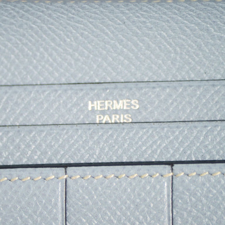 Hermes Soufre and Blue Lin Two Tone Veau Epsom Leather Bearn Wallet For Sale 1