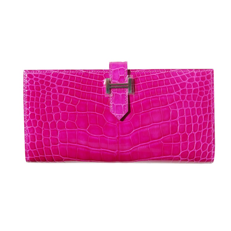 Hermes Shiny Rose Scheherazade Alligator Bearn Wallet For Sale