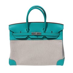 35cm Hermes 2 Tone Lagoon Swift Leather & Toile H Birkin Handbag