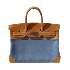 35cm Hermès 2 Tone Natural Vache Leather & Toile Birkin Bag