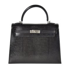 25cm Hermès Black Lizard Kelly Bag Handbag