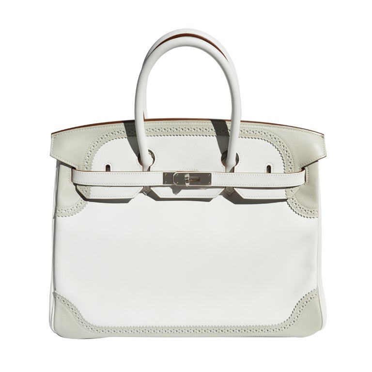 35cm Hermes White and Gris Perle Ghillies Leather Birkin Handbag