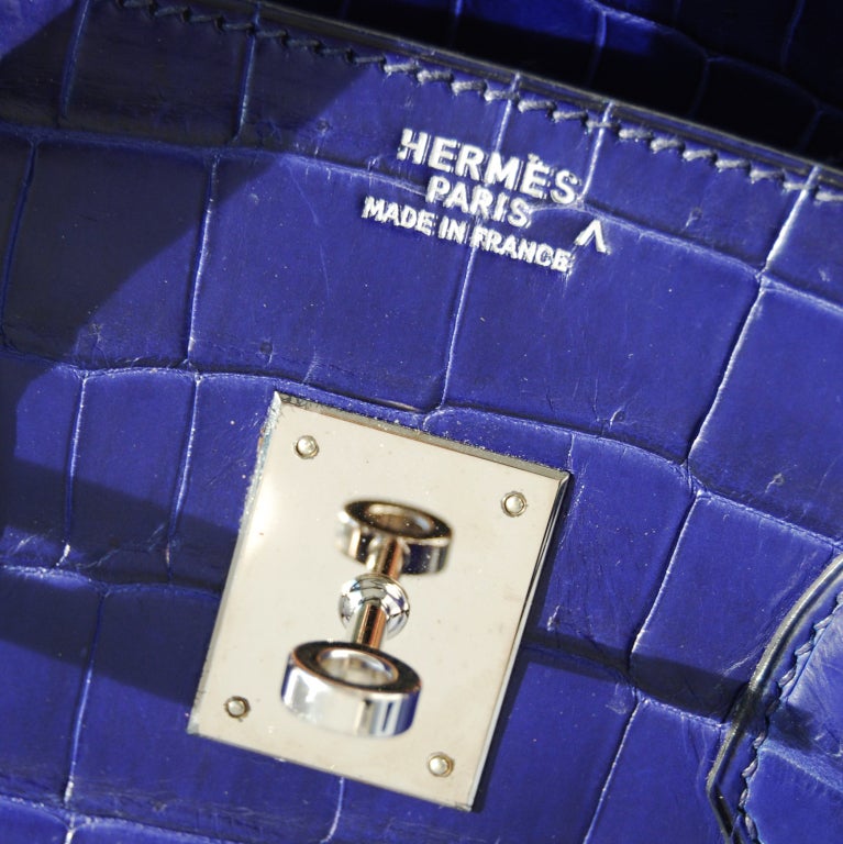 Women's 35cm Hermes Semi-Matte Blue Sapphire Porosus Crocodile Birkin Handbag For Sale