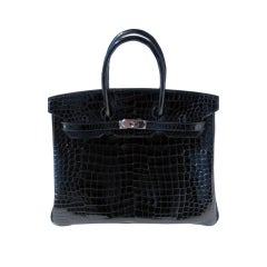 35cm Hermès Shiny Black Porosus Crocodile Birkin Bag Handbag