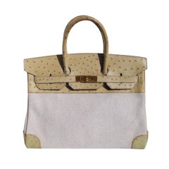 35cm Hermès 2 Tone Toile H and Blanc Casse Ostrich Birkin Bag