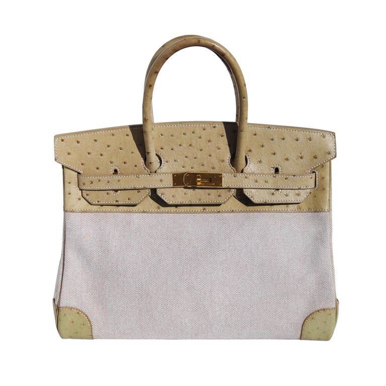 35cm Hermès 2 Tone Toile H and Blanc Casse Ostrich Birkin Bag