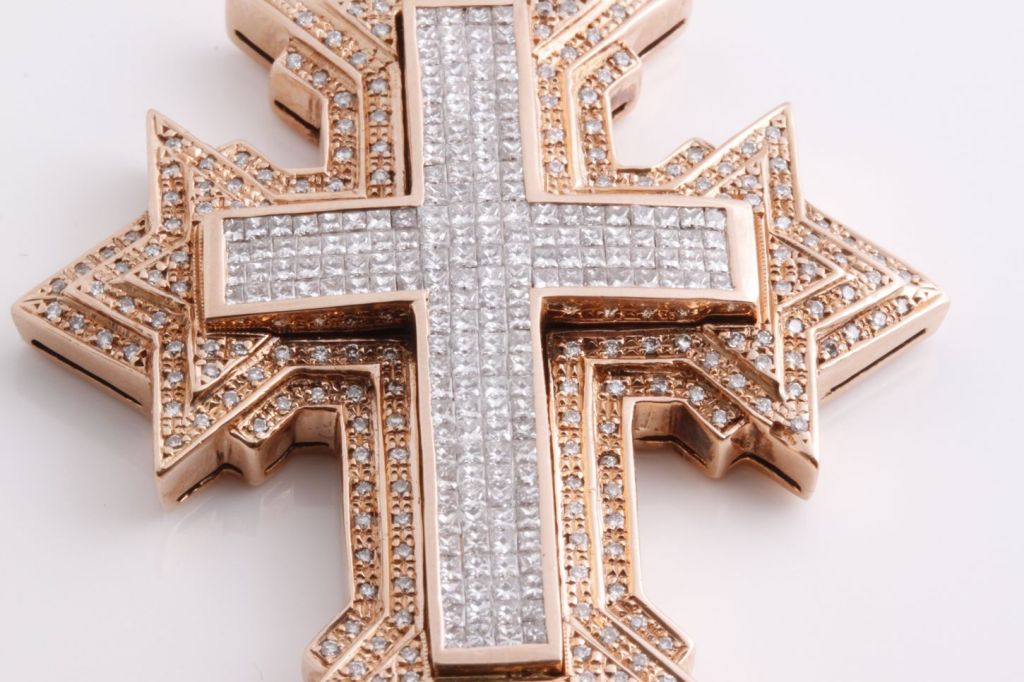 Women's Renaissance Revival Diamond and Rose Gold Cross Pendant For Sale