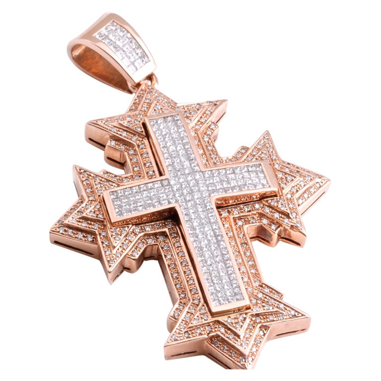 Renaissance Revival Diamond and Rose Gold Cross Pendant For Sale