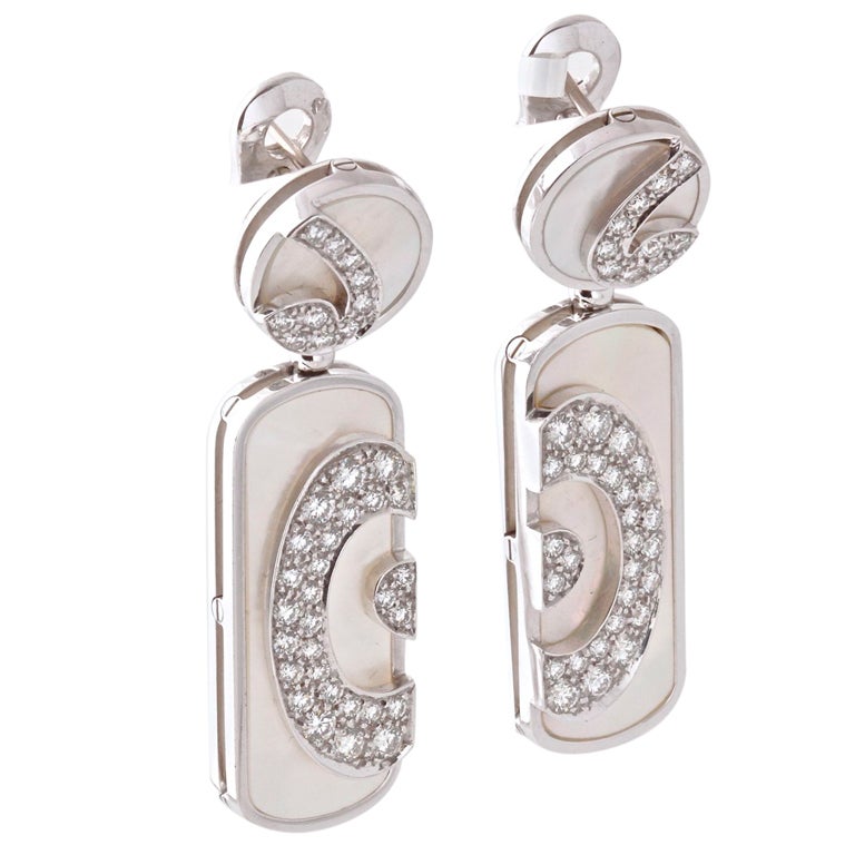 BULGARI Diamond White Gold Mother Of Pearl Drop Earrings