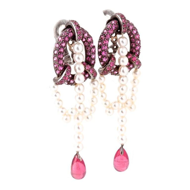 BOUCHERON Sapphire Pearl Tourmaline & White Gold Earrings For Sale