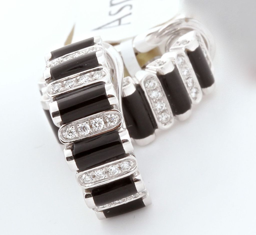 ASPREY Diamond Onyx White Gold Earrings For Sale 2