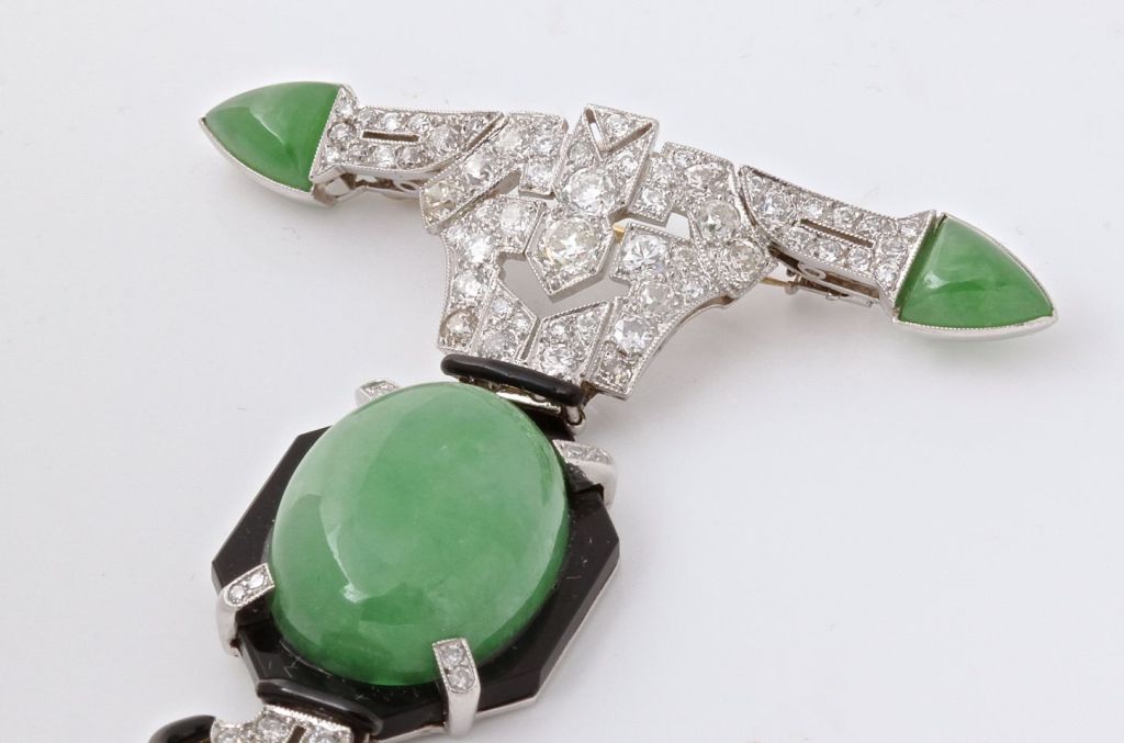 Art Deco Diamond Cabochon Jade Pendant Brooch 1