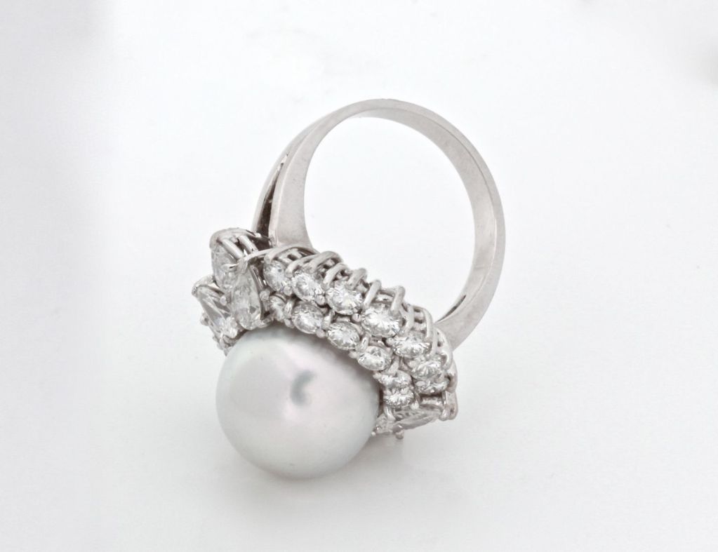 Visit MatterLA.com for more jewelry and accessories.

This diamond and pearl ring is impressive. The pearl is a whopping 13mm and sits with a strong presence at the center of a layered circle of exquisite white diamonds. Platinum band, silver-