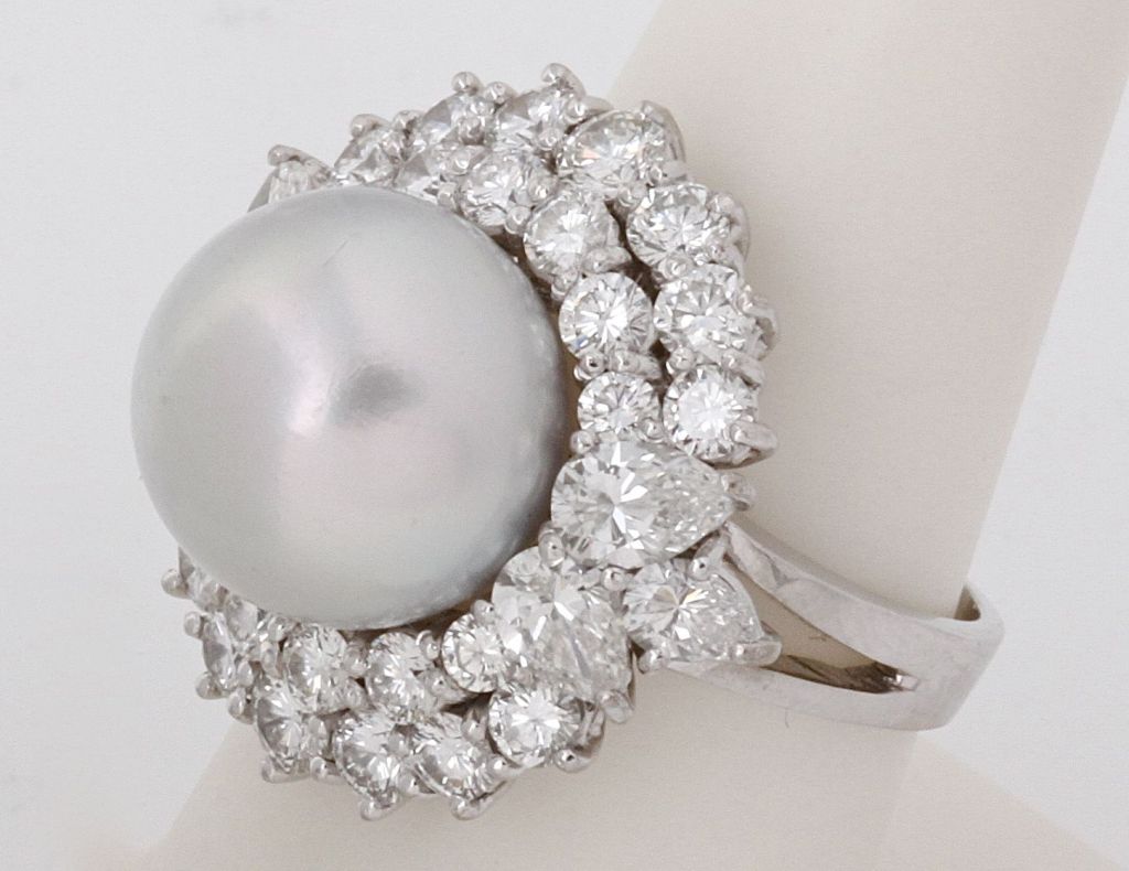 South Sea Pearl White Diamond Platinum Ring For Sale 1