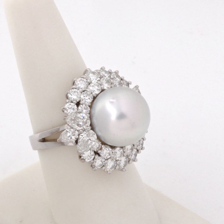South Sea Pearl White Diamond Platinum Ring For Sale 2