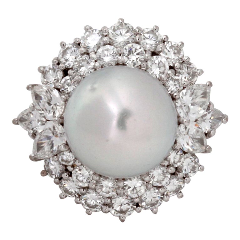 South Sea Pearl White Diamond Platinum Ring For Sale