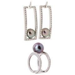 Diamond Tahitian Black Pearl Gold Earring and Ring Set