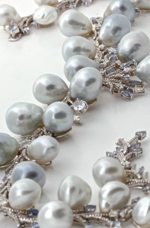 This stunning necklace is a one-of-a-kind work of art. The light blue-grey baroque South Sea pearls are so, so gorgeous. They play together so well with the light blue sapphires and white diamonds. When 10 carats of diamonds are the third most