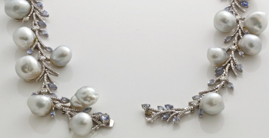 Women's Diamond South Sea Baroque Pearl Gold Sapphire Necklace For Sale