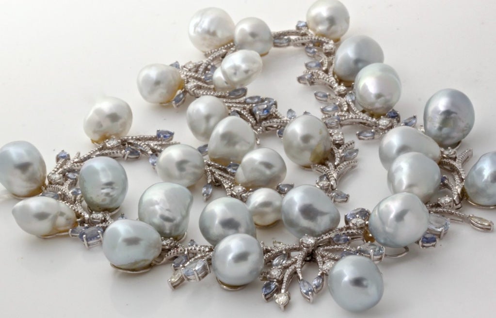 Diamond South Sea Baroque Pearl Gold Sapphire Necklace For Sale 4