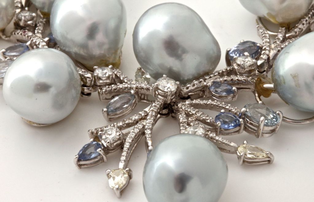 Diamond South Sea Baroque Pearl Gold Sapphire Necklace For Sale 5