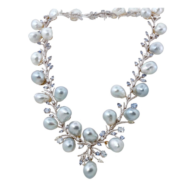 Diamond South Sea Baroque Pearl Gold Sapphire Necklace For Sale