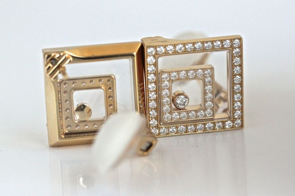 Visit MatterLA.com for more jewelry and accessories.

(Retails for $23,100.)

These are dynamic earrings from Chopard's Happy Spirit collection. The smaller squares move inside of a glass panel, and the center diamond moves inside of that. Very