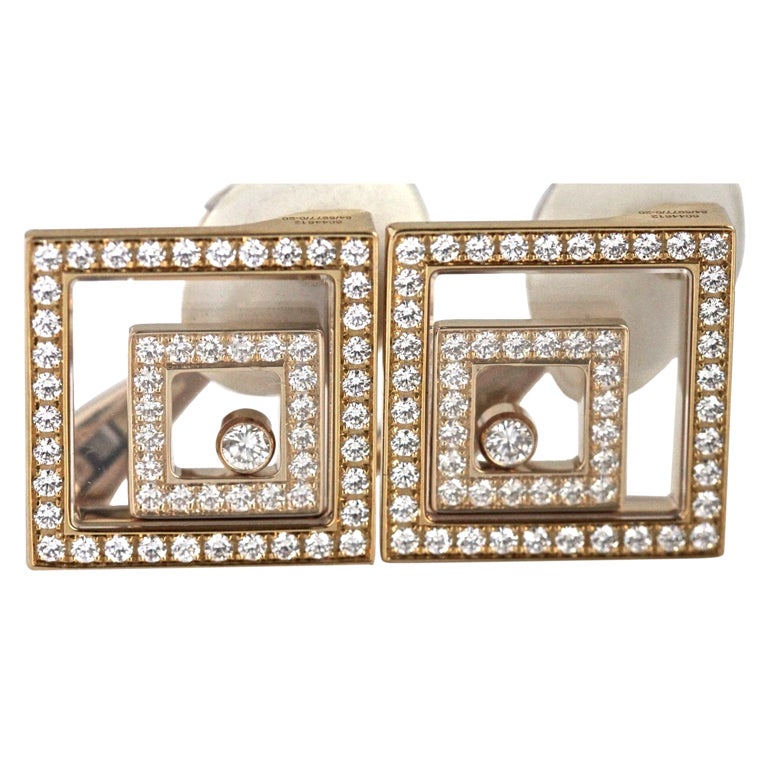 CHOPARD Diamond Gold Happy Spirit Square Earrings For Sale